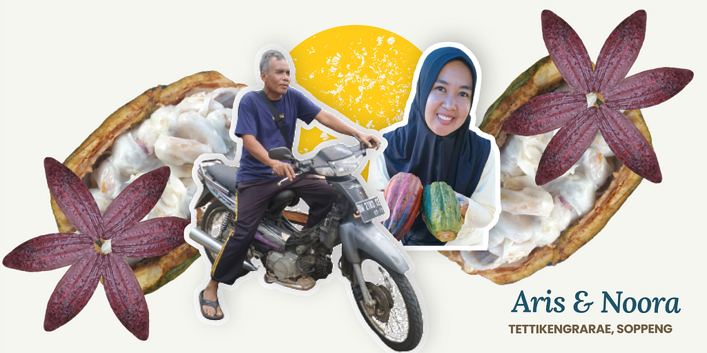 Photo collage featuring star agents Noora and Aris surrounded by cacao fruit. Noora holds two cacao pods. Aris is on his motorcycle.