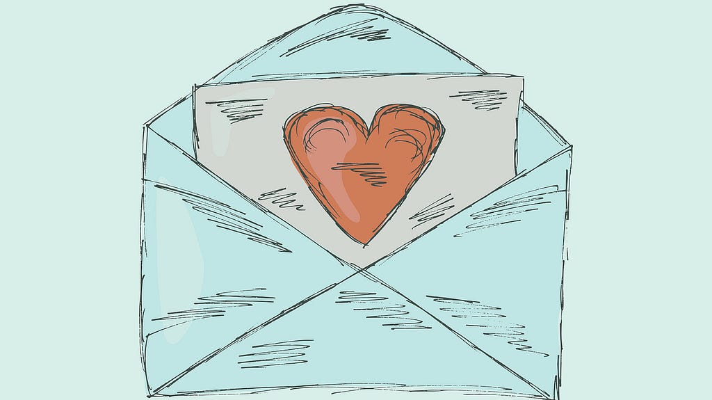 A drawing of an opened envelope, holding a letter with a heart on it inside the envelope.