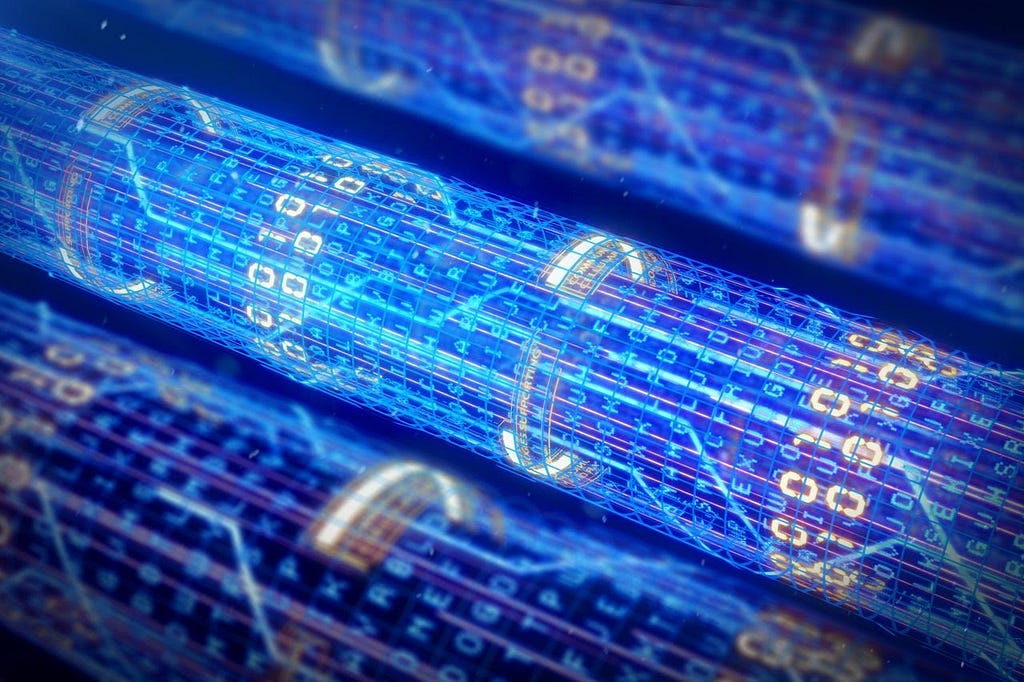 illustration of blue fibre cables with ones and zeros passing through inside