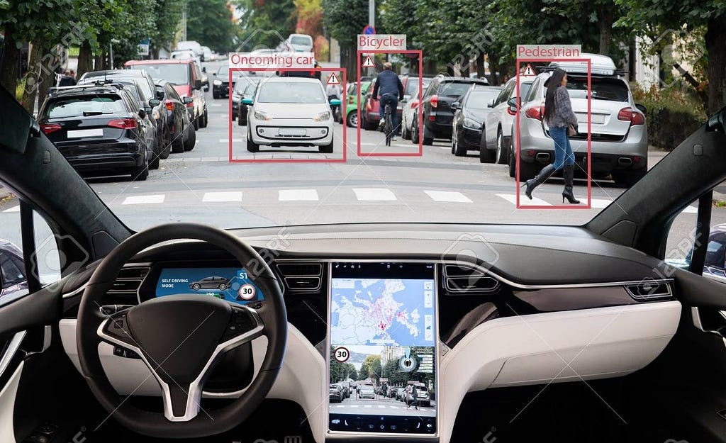 A moving autonomously driven car analyses the road ahead, spotting a car, a pedestrian crossing the road, and a bike rider. The screen displays the path ahead for passengers inside.