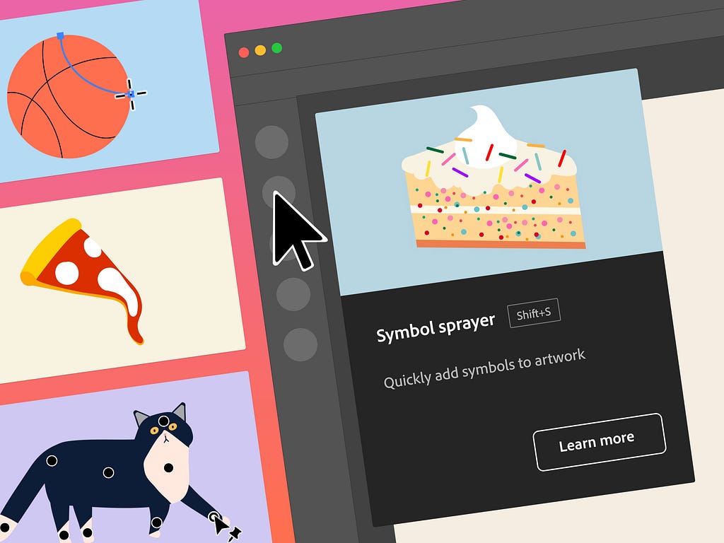 Digital illustrations of a basketball, a slice of pizza, and a cat are alongside a stylized representation of Adobe Illustrator with a cursor pointing to a tool in the toolbar and the Symbol sprayer tooltip open alongside it.