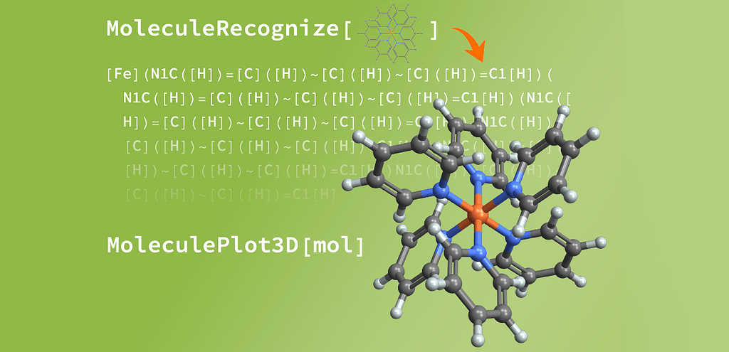 3D molecule on a green background with code MoleculeRecognize and MoleculePlot3D displayed alongside a chemical composition