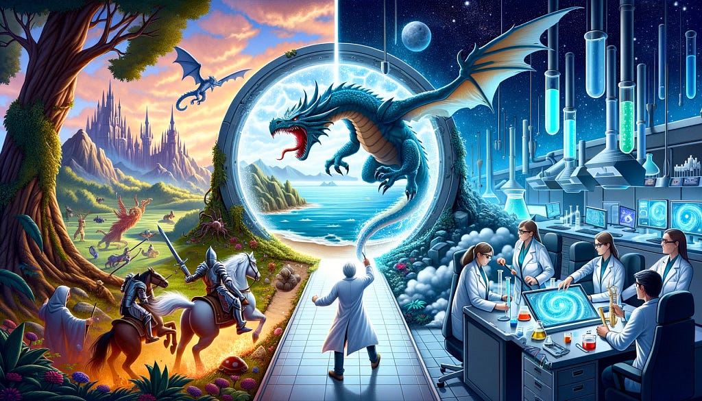 Illustration (landscape): A juxtaposition of two worlds — on one side, a knight in shining armor battles a fierce dragon in a mystical land, while on the other, a scientist in a lab coat conducts experiments in a high-tech laboratory. A portal links the two scenes.