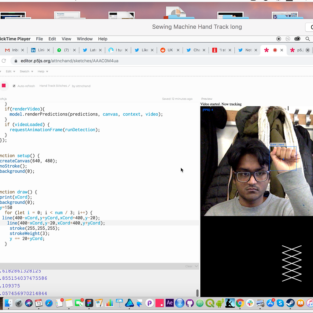 A screengrab of code, overlaid with a screenshot of a livestream image of someone holding up his hand in the shape of a fist, beneath which another screen shows the white pattern of a stitch against a black background.