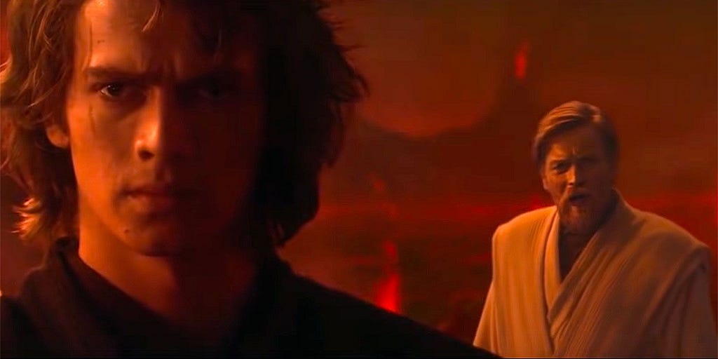 Image from Start Wars Episode III with Anakin being scolded by Obi-Wan