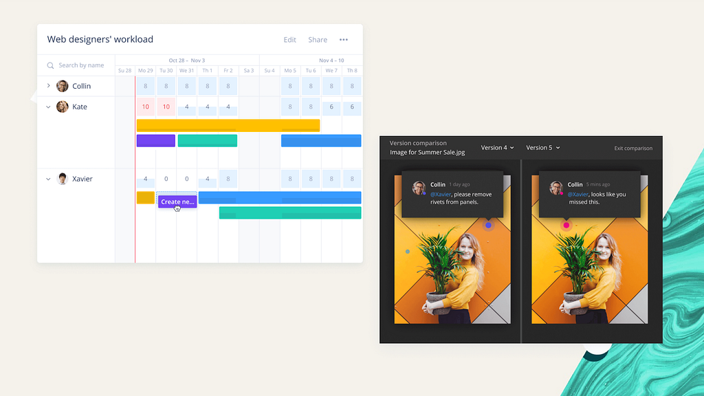 Screenshots #2: Two more screenshots of Wrike user interface: the first shows a “workload view”: tasks assigned to the team are shown on a timeline, with a summary of working hours for each day for each team member, and the user is rescheduling one of the tasks by dragging it with their mouse; the second shows a “proofing and comparison view” for one of the images attached to the task: on the left, someone is asking the author to change something, and on the right, there’s the updated image.