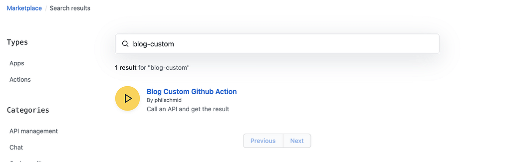 Searching the GitHub Action Marketplace.