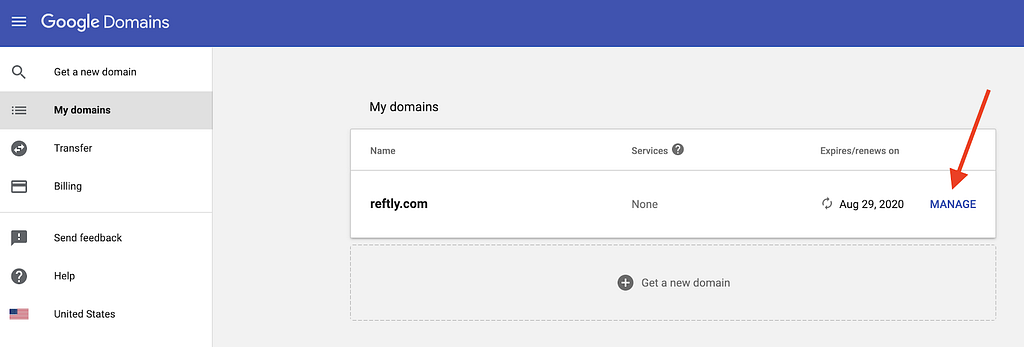 A picture of the Google Domains console showing how to manage a domain.