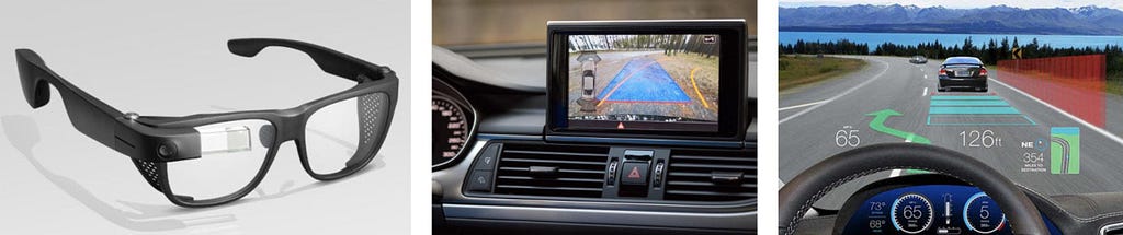 Examples of specific user interfaces, like google glasses, car back view camera with parking assistant, projection of a car dashboard to a front glass