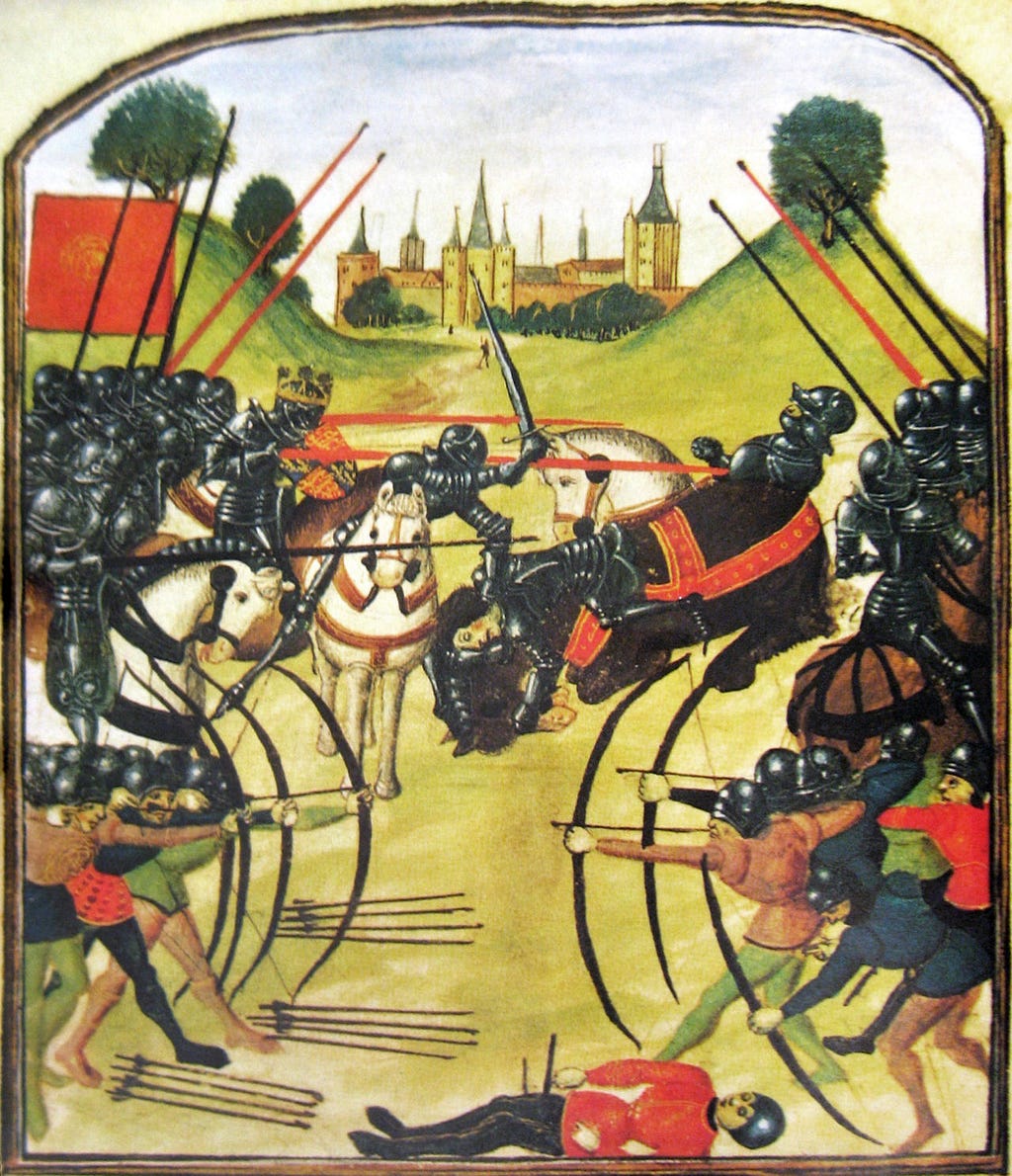 A painting depicting a battle; knights in black armor on white and black horses fight with swords and archers draw their bows. A castle is in the background.