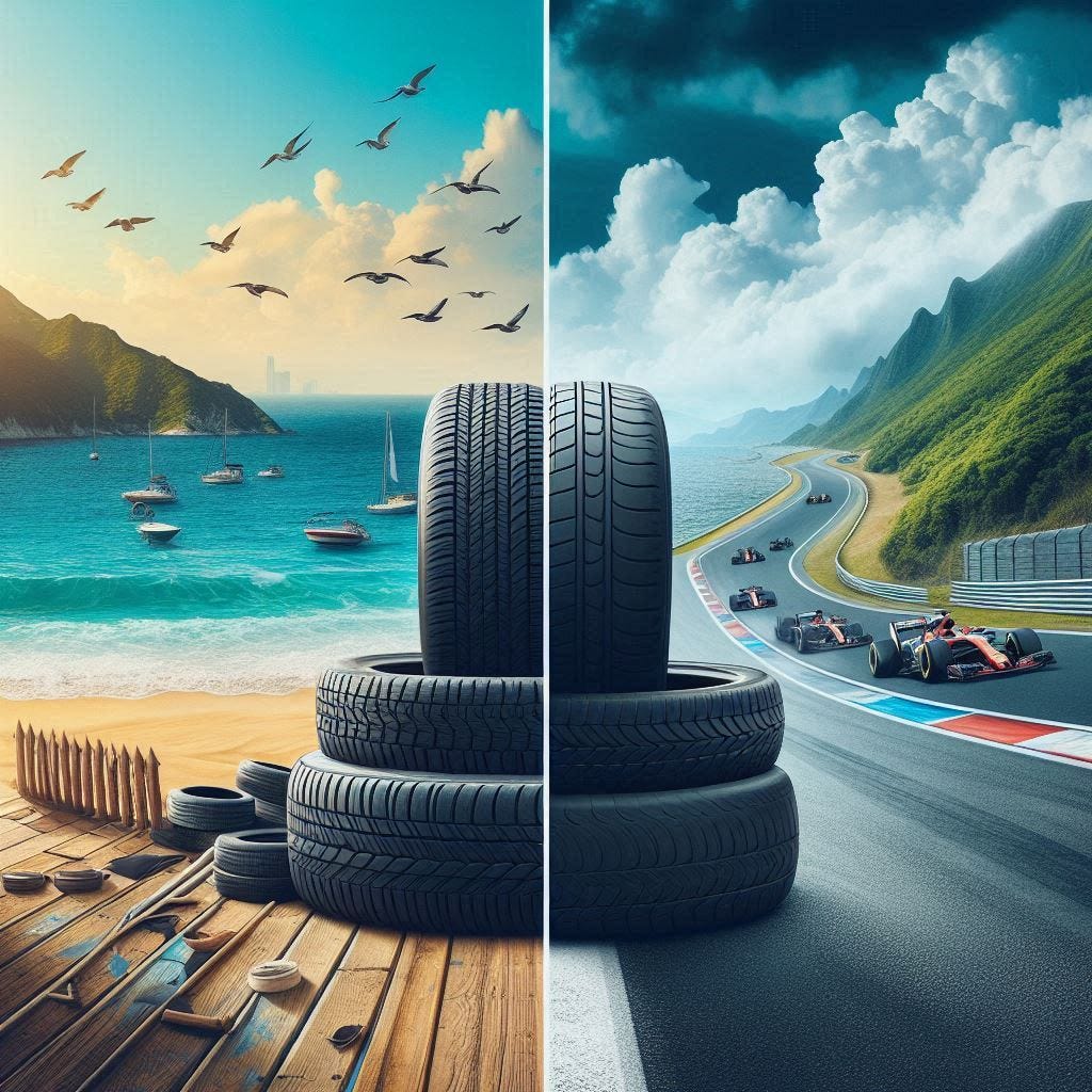 In the first half of the image — a set of tires on a tour, near the sea. In the second half, there is a set of tires on a race track, with formula 1 cars racing.