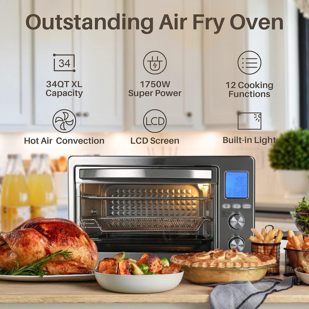 Air Fryer Oven, 34QT Extra Large 1750W Toaster Oven Air Fryer Combo, 12” Pizza Convection Oven Countertop, 12-in-1 Large Rotisserie Oven with 4 Accessories, Stainless Steel, Silver