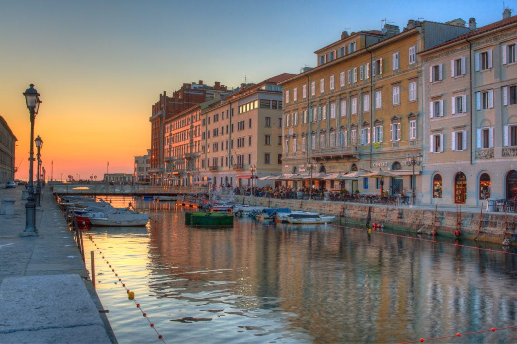 View of the Canal Grande at sunset in Trieste