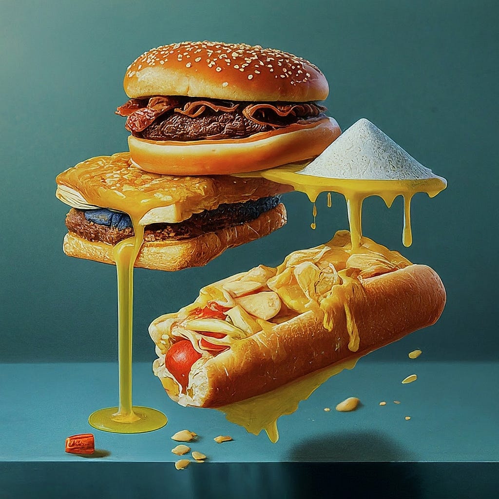 A cheeseburger and a hotdog, both excessively dripping with cheese, stacked on top of each other next to a pile of sugar, symbolizing the artificial additives and unhealthy nature of ultra-processed foods related to the article’s topic.