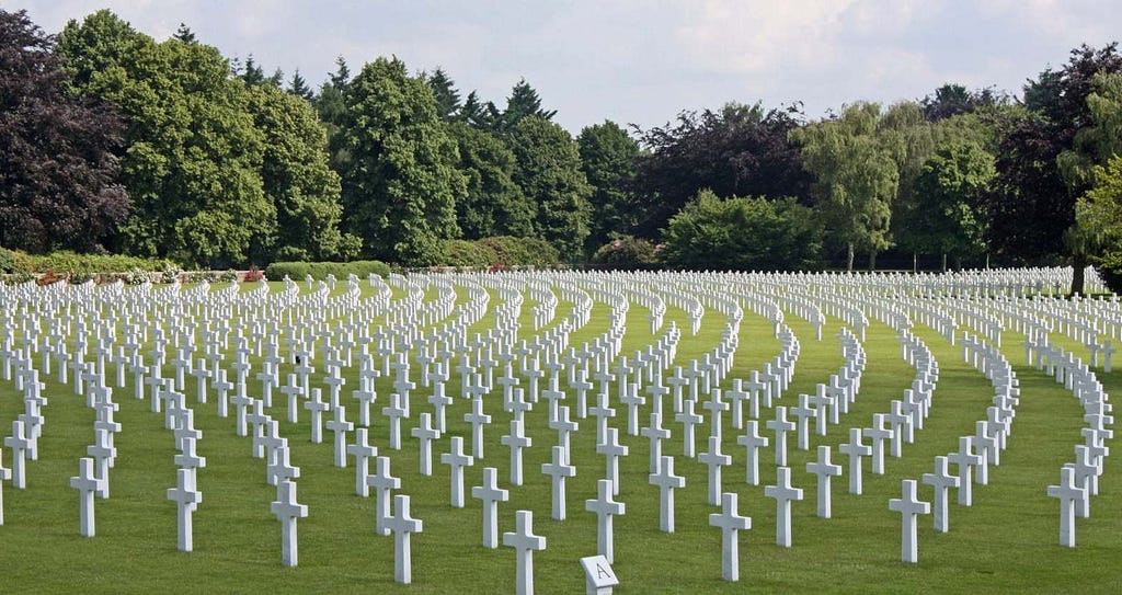green field with dozens of white crosses in ground with green forest in background, symbolizing graves of soldiers lost to war posted on mickey markoff 2024 gold star mothers and families day article