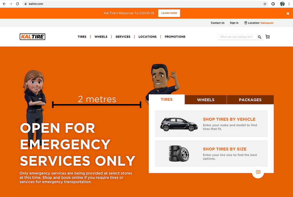 Kal Tire Home page example COVID 19 messaging