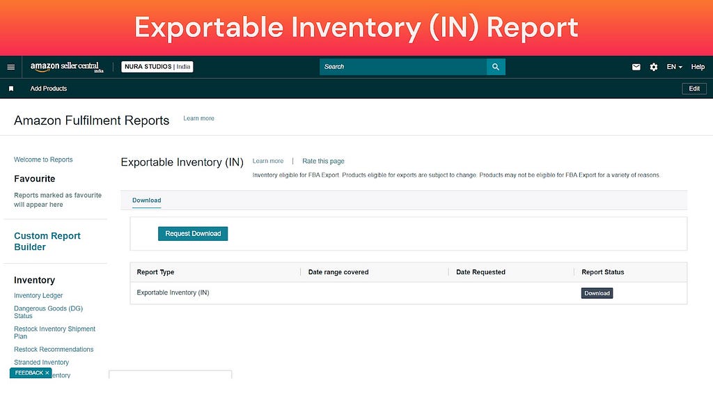 Screenshot of Exportable Inventory (IN) Report (Amazon Fulfillment Reports)