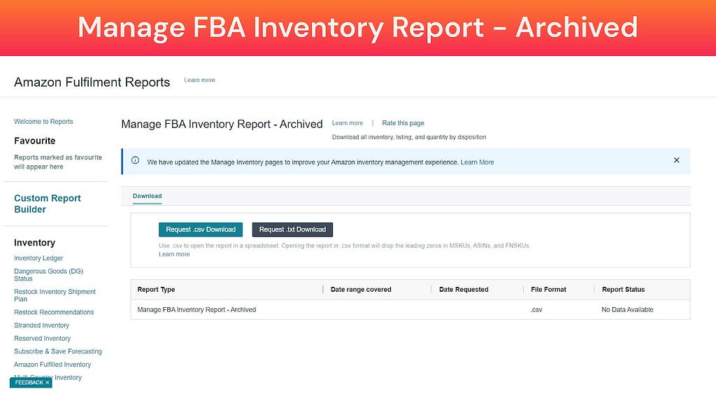 Screenshot of Manage FBA Inventory Report -Archived (Amazon Fulfillment Reports)