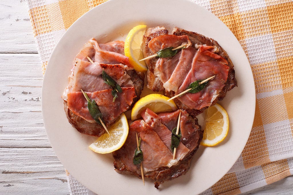 Italian beef Saltimbocca with sage, ham and lemon close-up