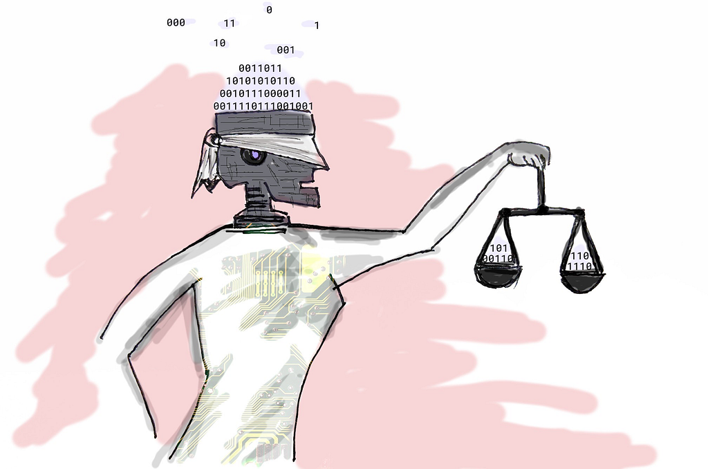 A blindfolded robot holding a scale of justice containing 1’s and 0's.