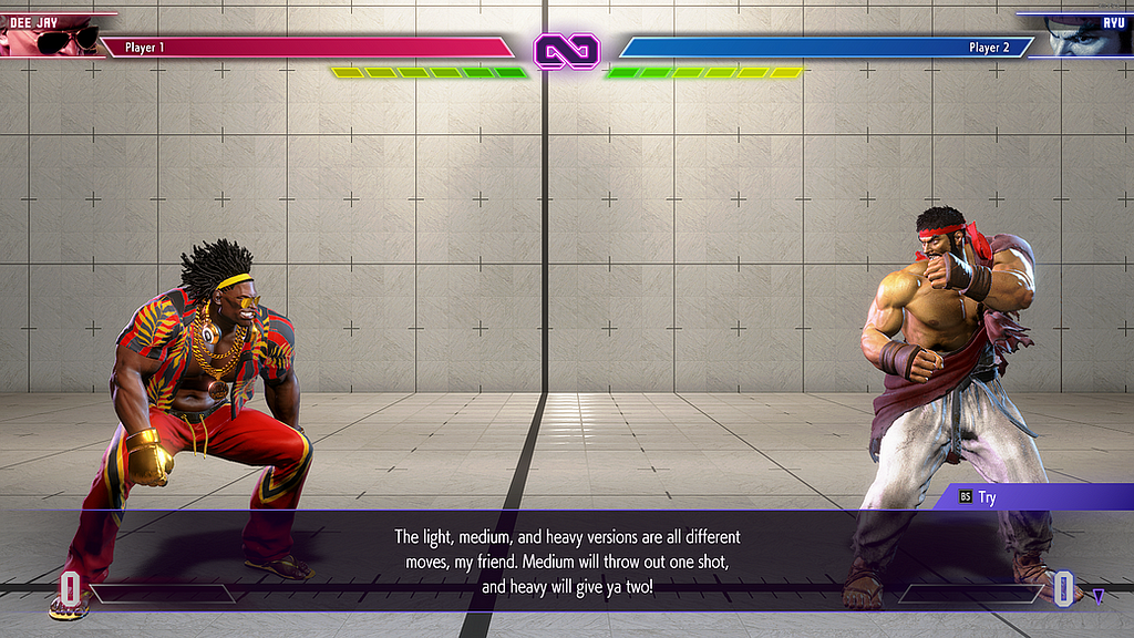 Street Fighter 6’s character tutorial. It is a fight between Dee Jay and Ryu.
