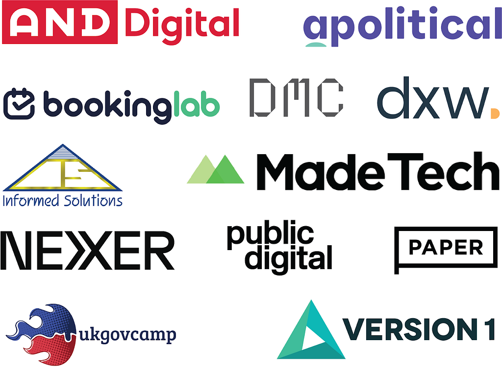 AND Digital, a political, booking lab, DMC, DXW, Informed Solutions, Made Tech, Nexxer, public digital, Paper, version 1, uk gov camnp