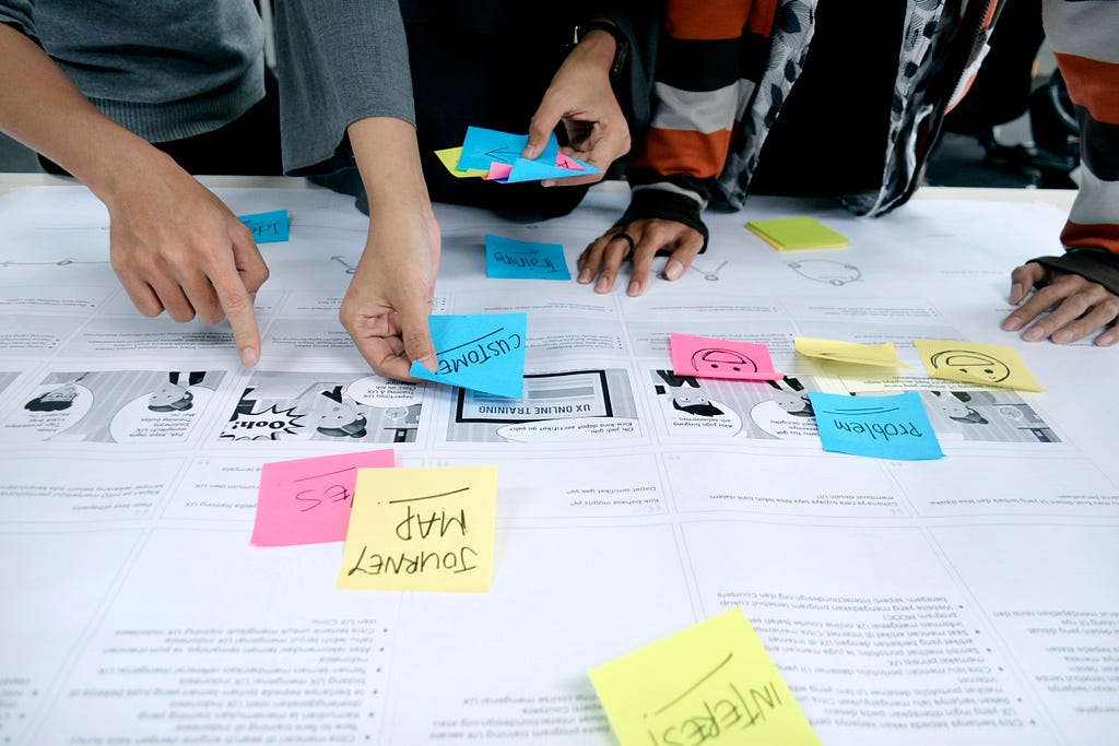 Researchers collaborating with post-its
