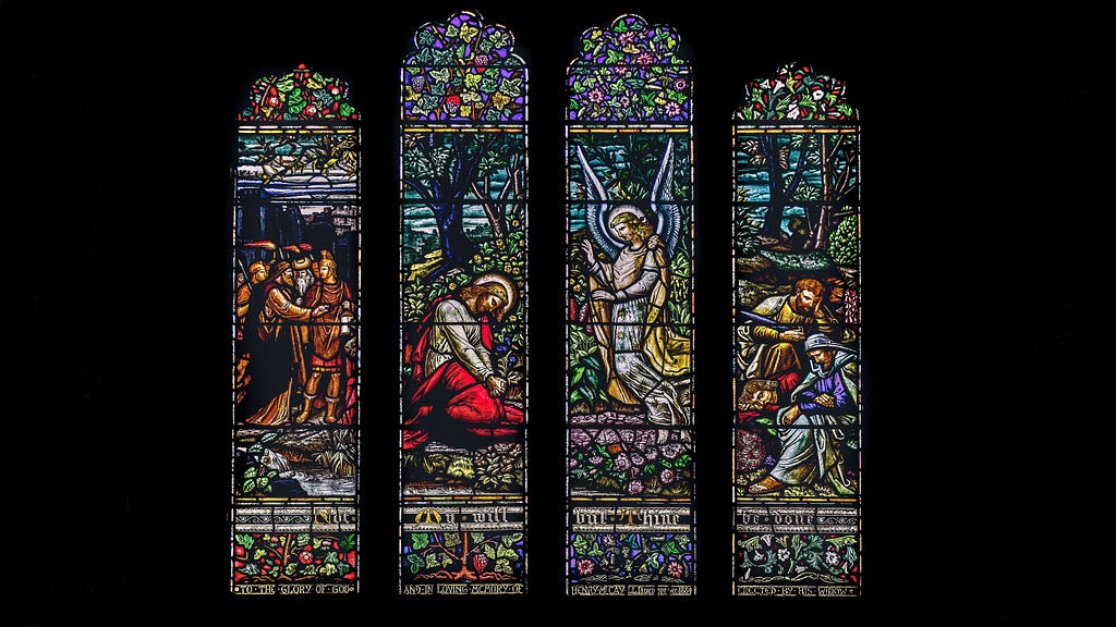 stained glass windows, scenes from life of Jesus including prayer in Garden of Gethsemane