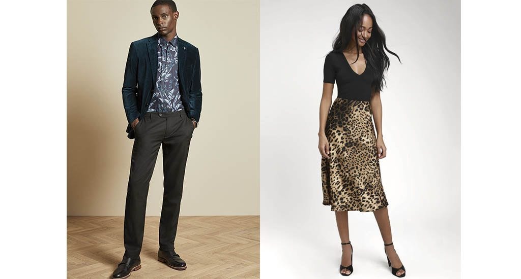 Man and woman wearing bold print business suit ideas for Leo