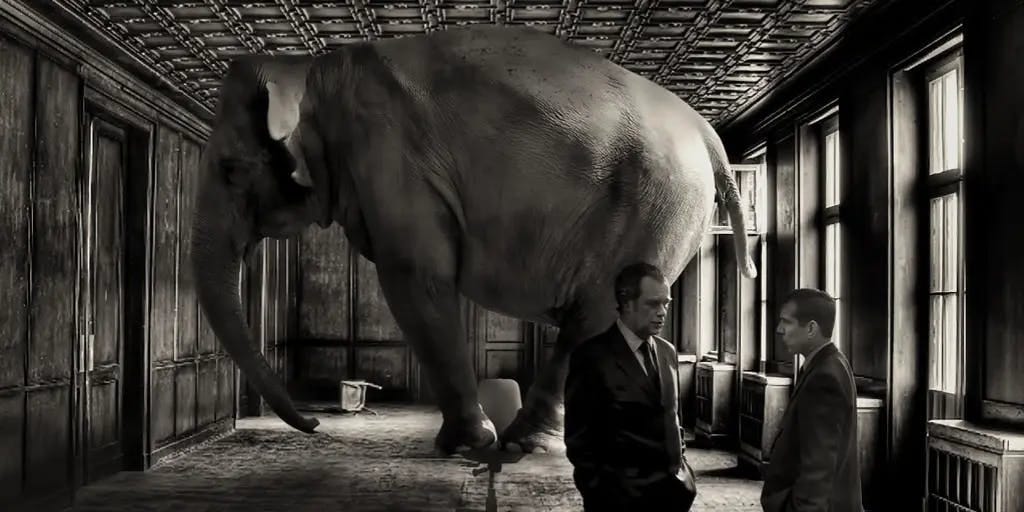 Two men talking to each other in a room with an elephant standing in the middle of the room on a stool. Photograph courtesy — internet. Let me know if you own the copyright of this image.
