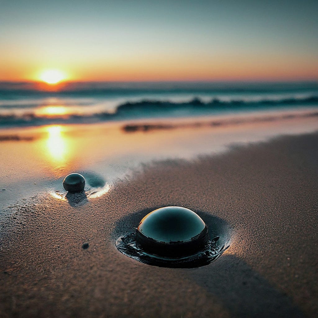 Two glossy, spherical objects resting on the wet sand of a beach at sunset. The spheres reflect the warm hues of the sunset and the surrounding environment, symbolizing the finite resources we have and the importance of their sustainable use.