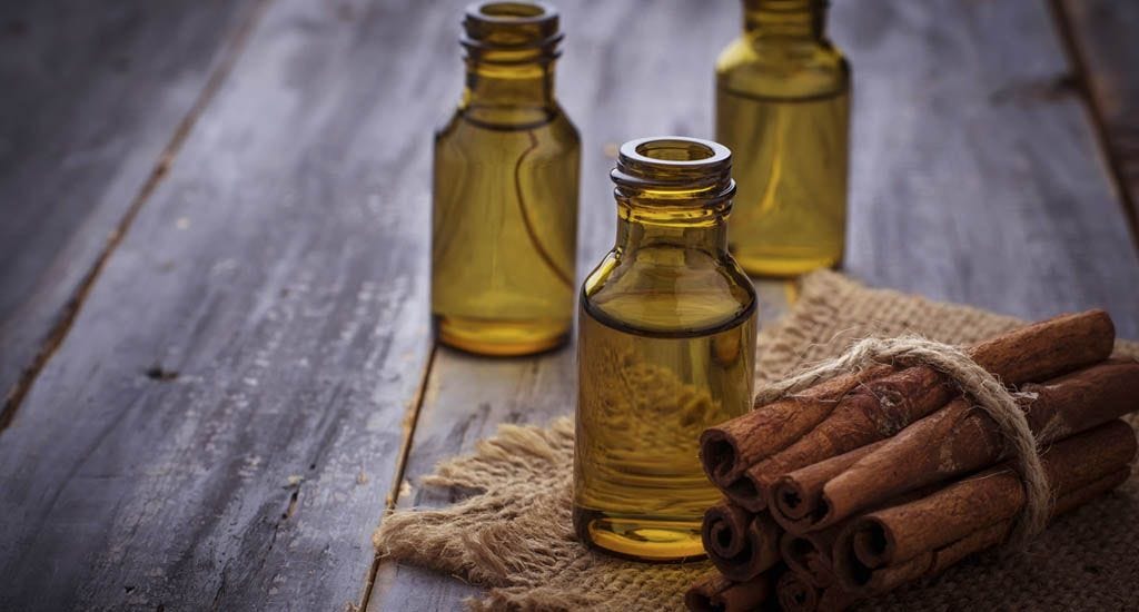 Cinnamon essential oil in small bottles