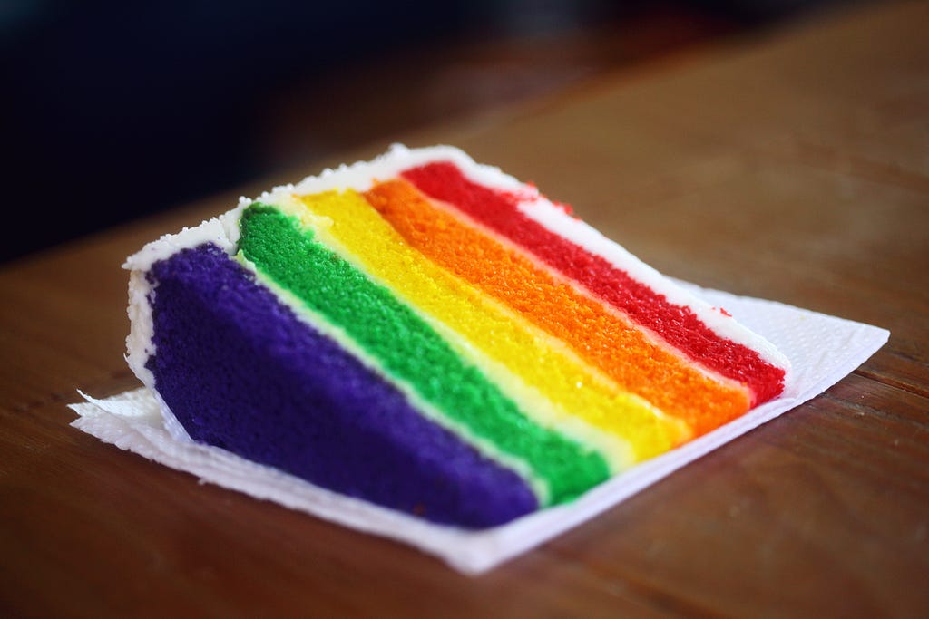 A piece of cake colored as the Pride flag