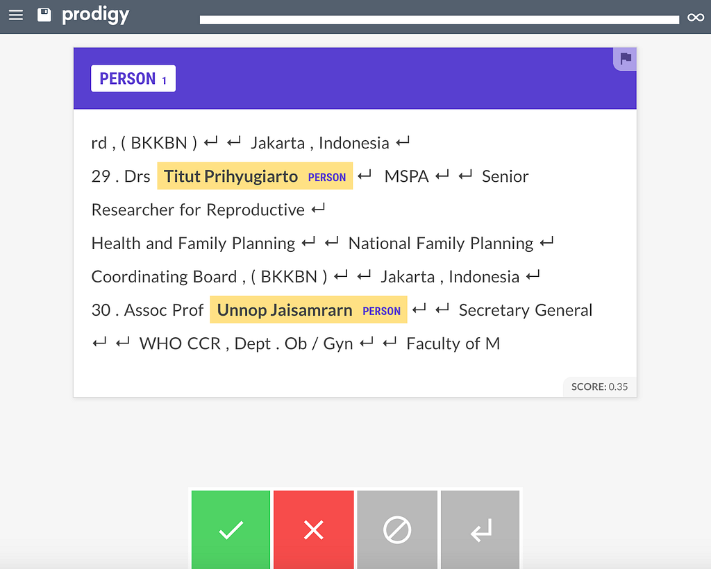 A screenshot of using Prodigy to tag people entities