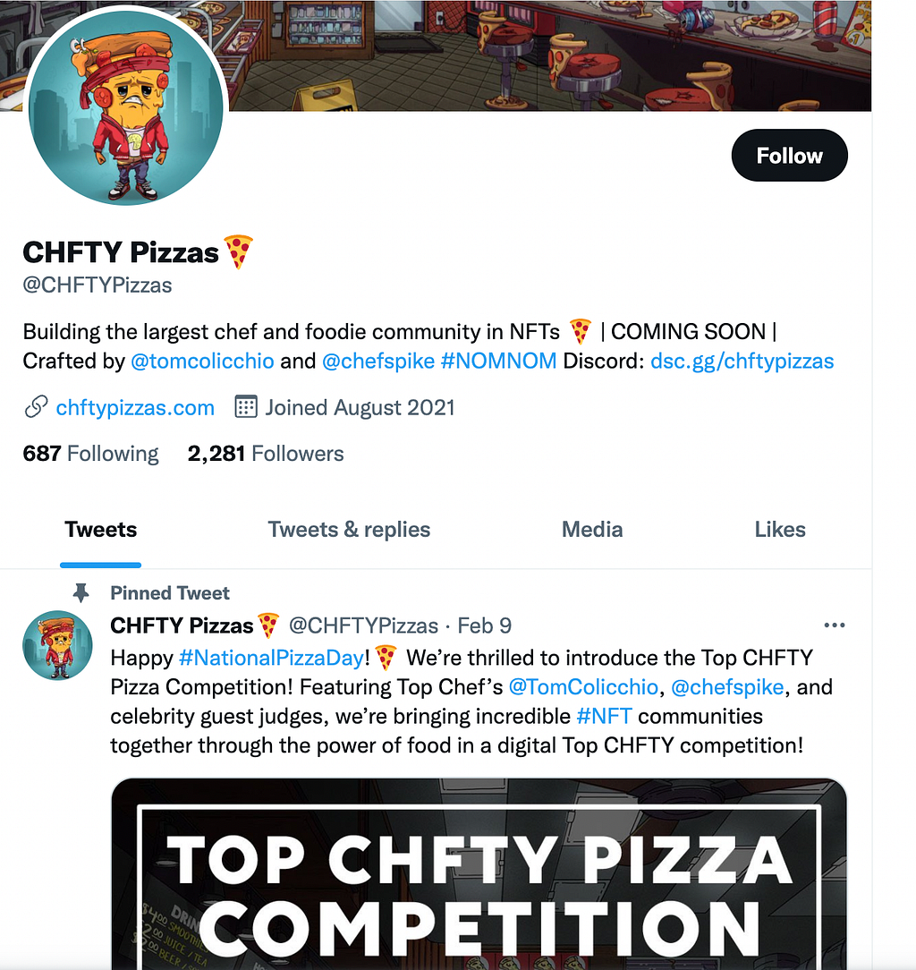 tom colicchio’s NFT community twitter page, CHFTY pizzas