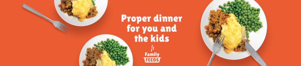 Three plates with Shepard's Pie and peas, along with a message that reads “proper dinner for you and your kids”.