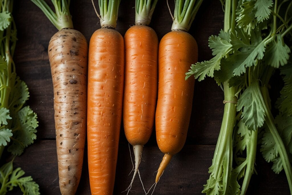 Five fresh hydroponic carrots with leafy tops arranged in a row on a dark wooden surface.
