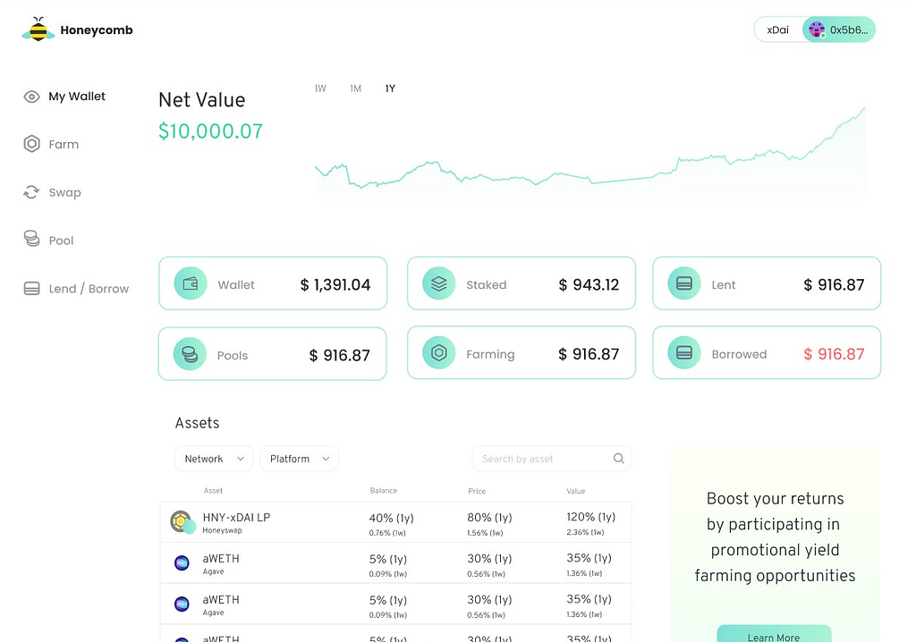 Honeycomb wallet interface screen showing Netvalue of assets on the xDai blockchain