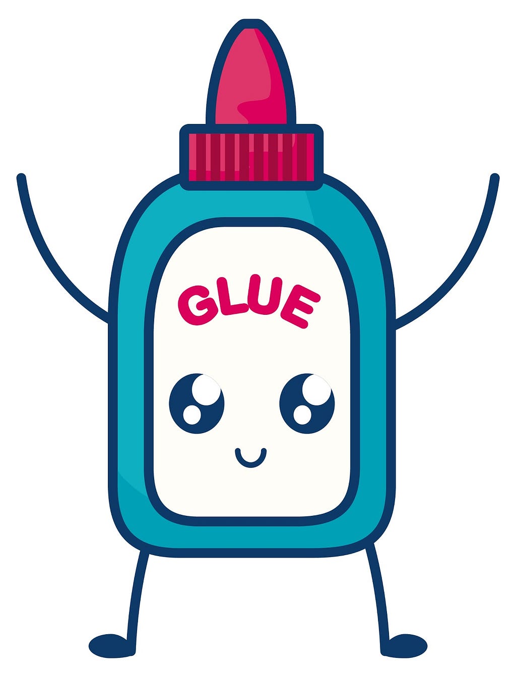 blue, red, and white glue bottle with navy smiling face and arms and legs