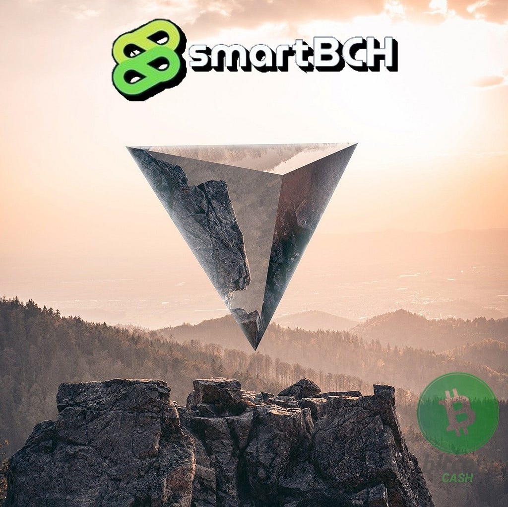 The image depicts a reverse glass pyramid on top of a rocky mountain with hills and the sun in the background. I have added the SmartBCH logo at the top of the image, and the BCH logo at the right bottom corner.