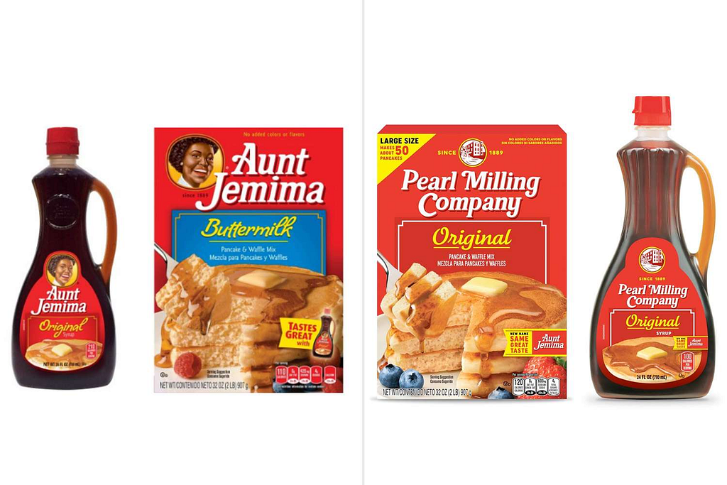 A side-by-side comparison of the original Aunt Jemina branding to the new Pearl Milling Company branding.