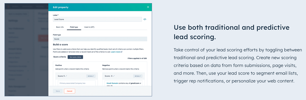 HubSpot Lead Scoring. Text reads ‘Take control of your lead scoring efforts by toggling between traditional and predictive lead scoring. Create new scoring criteria based on data from form submissions, page visits, and more. Then, use your lead score to segment email lists, trigger rep notifications, or personalize your web content.’