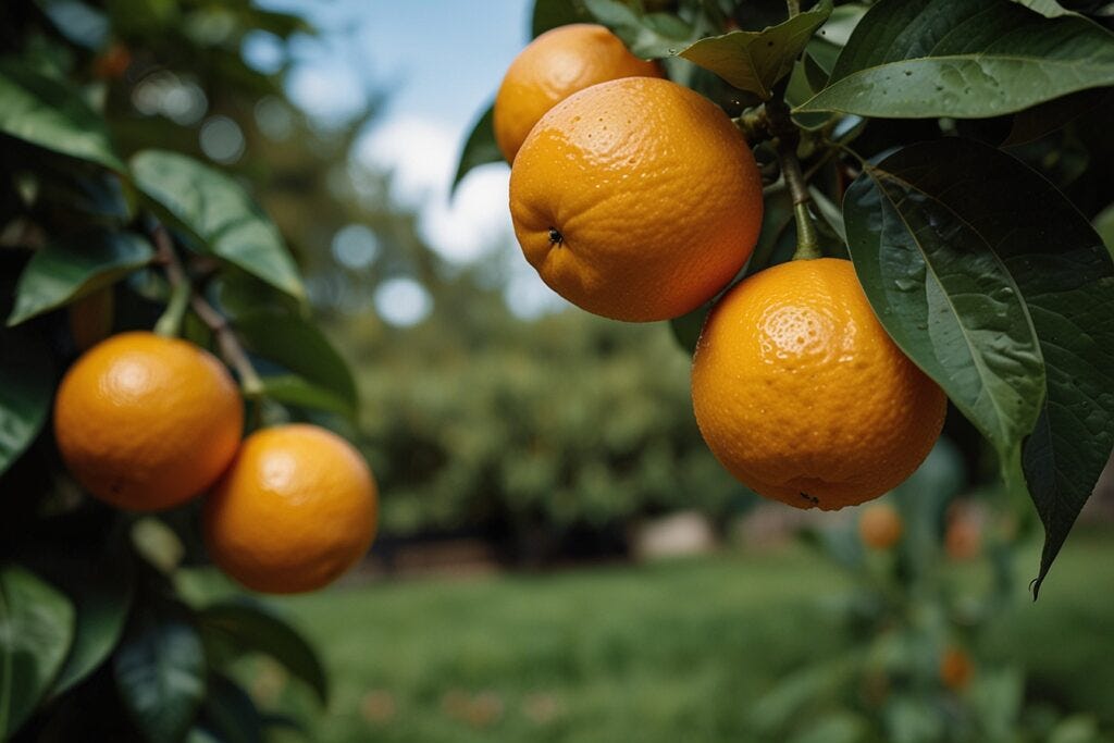 Bright ripe hydroponic oranges hanging from a tree branch in focus, with a blurred orchard background.