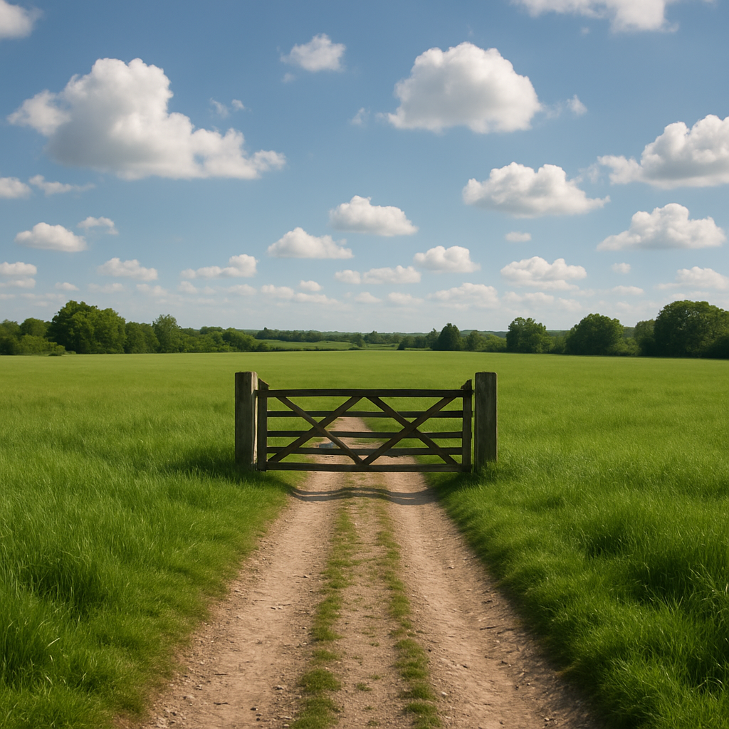 A green field with a dirt road running through it. A brown gate blocks the road but has no fencing to either side of it.