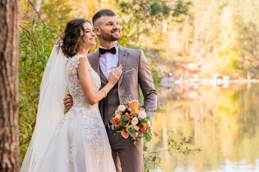 man in gray suit and woman in white wedding dress, best places to elope in the us