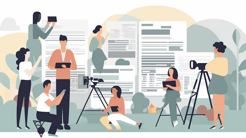 An illustration style depiction showing characters doing journalism whilst considering the use of AI — thoughtful bunch