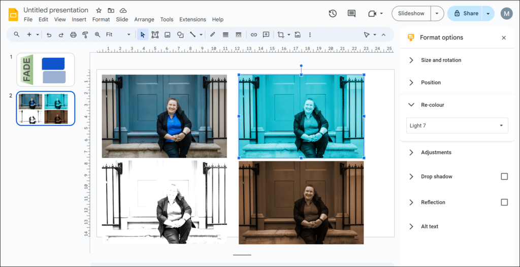 Change the colour of your images with the Picture Colour in Google Slides