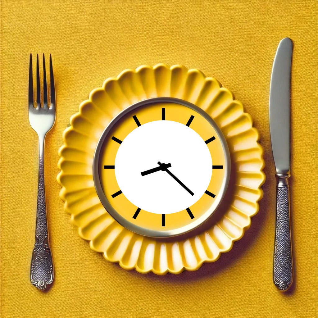 Silverware and plate, combined with a clock in the center is used to illustrate the similarities between tracking our time and our diet.