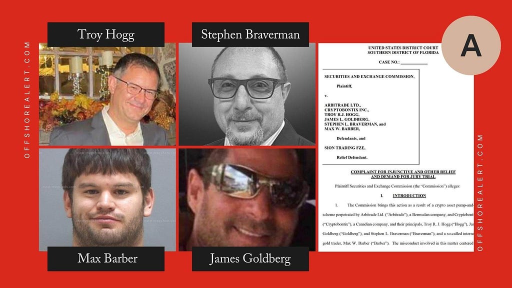 Photos of Troy Hogg, Stephen Braverman, Max Barber, and James Goldberg, along with the legal complaint filed against them.