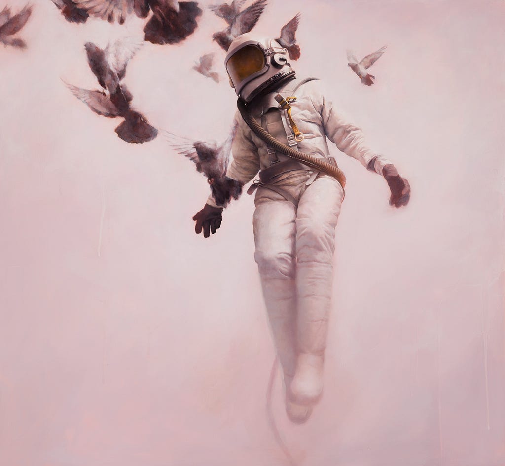 Surrealist painting. Cosmonaut suspended in air, surrounded by birds